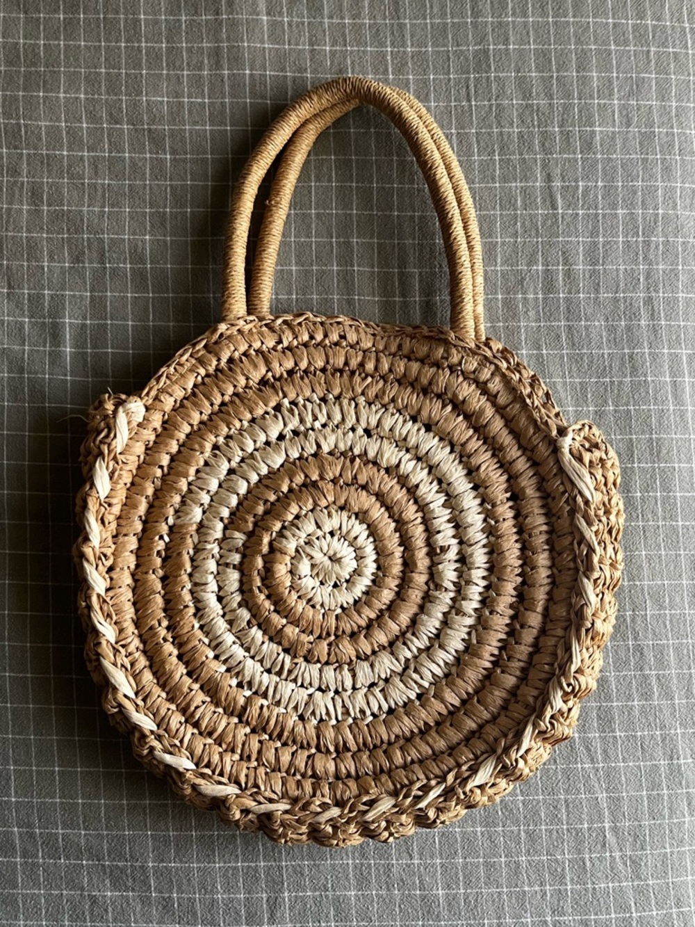 Handwoven Round Straw Tote Bag in Natural Tan
